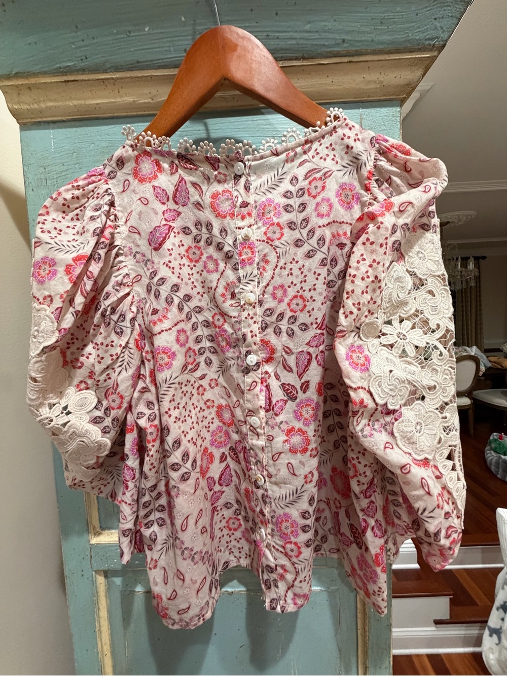 Karlie Boho Floral Paisley Lace Puff Sleeve Blouse M Pink - Picture 4 of 15
